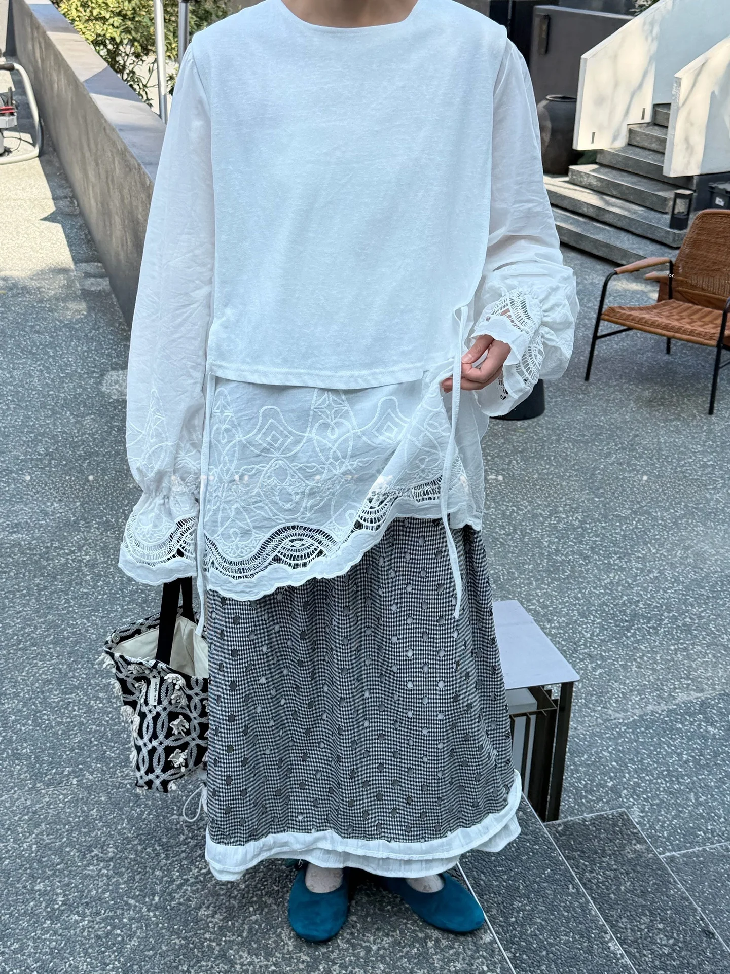 

White Faux Two-Piece Top with Hole And Grey Stripe Half Skirt Spring Summer Style for plus Size Women Casual Commute Loose Fit