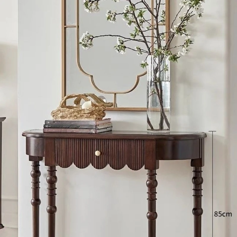 Retro solid wood entrance table Small apartment household wall decorative table Semicircular entrance table