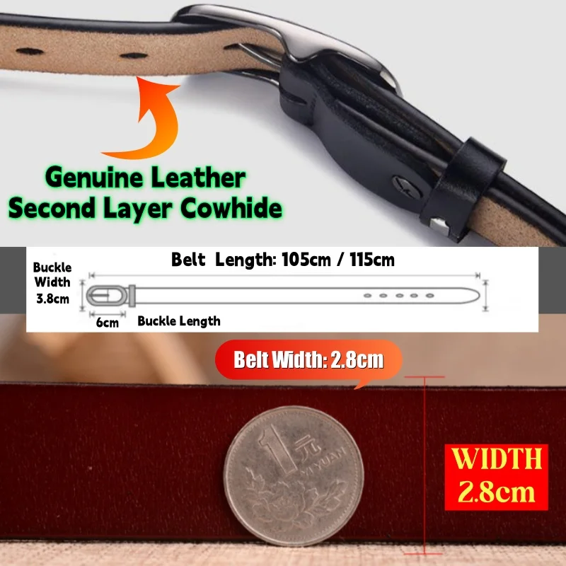 2.8cm Width Ladies' Pin Hole Buckle Belt Women Genuine Leather Belts Real Second Layer Cowhide Vintage Jeans Girl's Waistband