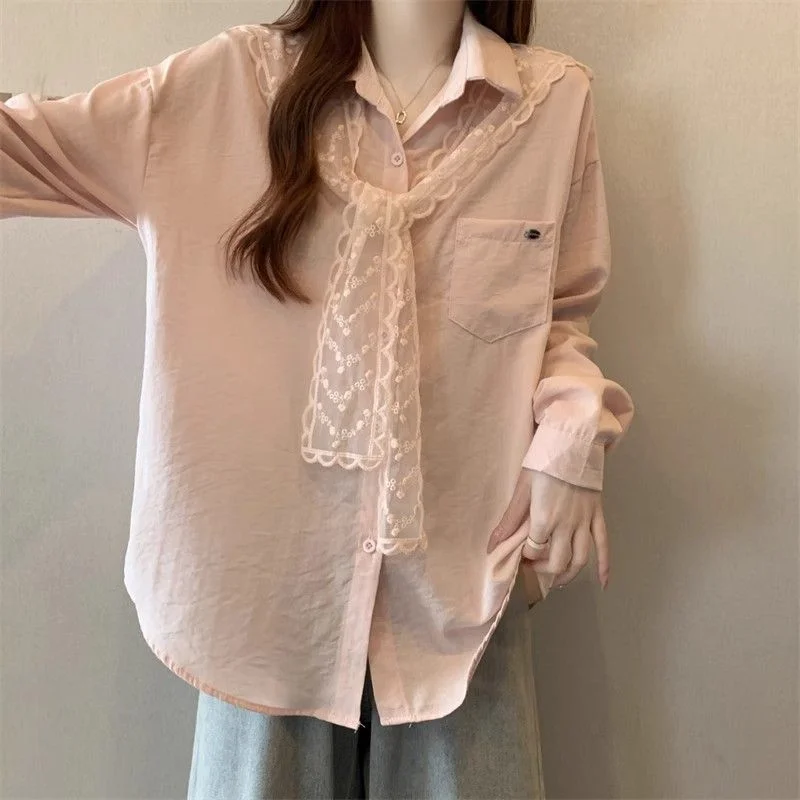 

Осень 2025 г., новая модная кружевная рубашка с шалью и вышивкой для женщин, нежный французский дизайн средней длины