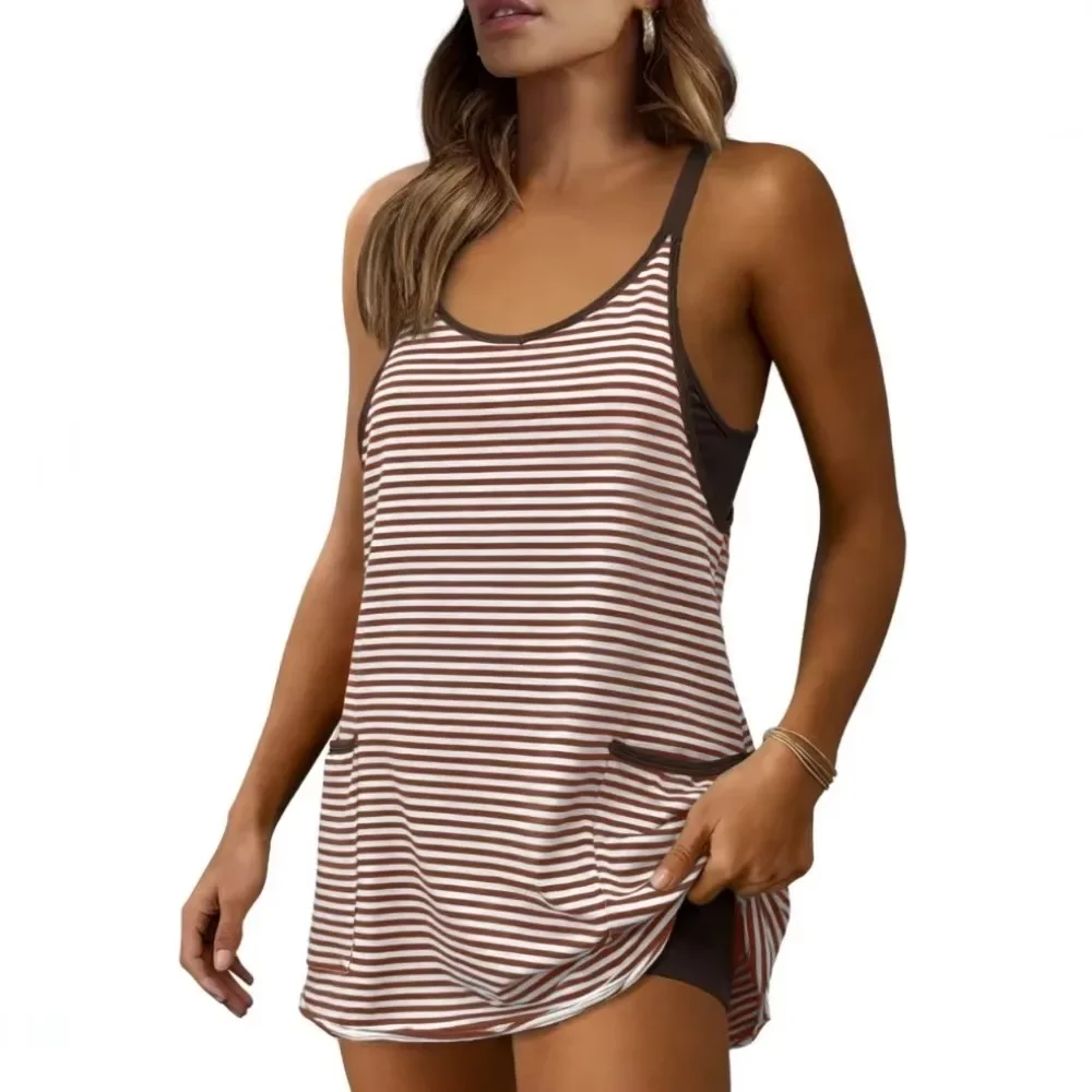 Women Summer Striped Cami Dress Built-in Bra Sleeveless Side Pockets Loose Fit Casual Daily Comfy Slip Dress