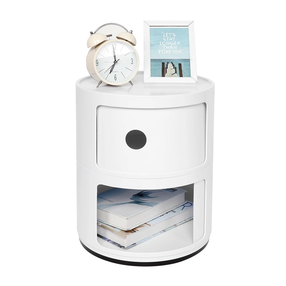 Nightstand with 2 Drawers 2 Layers Modern Bedside Table Bedroom Side End Stand Multi Functional Round