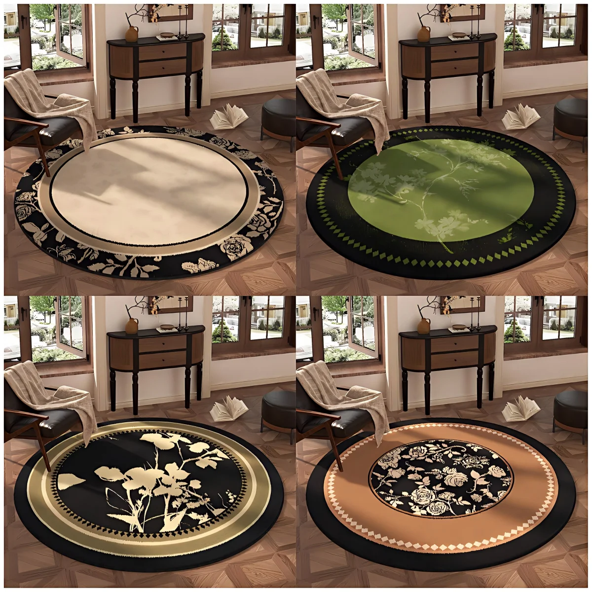 Round Black Beige Floral Area Rug Vintage Botanical Carpet Soft Non-Slip for Living Room Bedroom Dining Room  Carpets  Mat