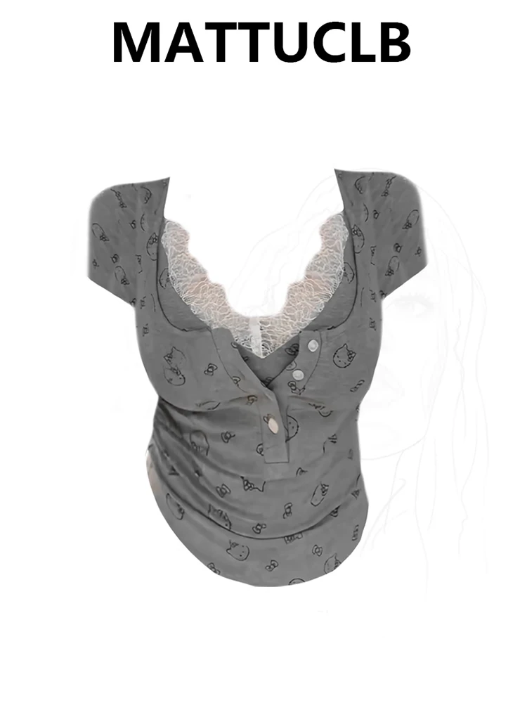 

Летняя женская футболка из двух предметов Ballet Core Cute Core Top Coquette 2000-х годов с коротким рукавом Тонкие кружевные футболки Gyaru Y2k Kawaii Kpop