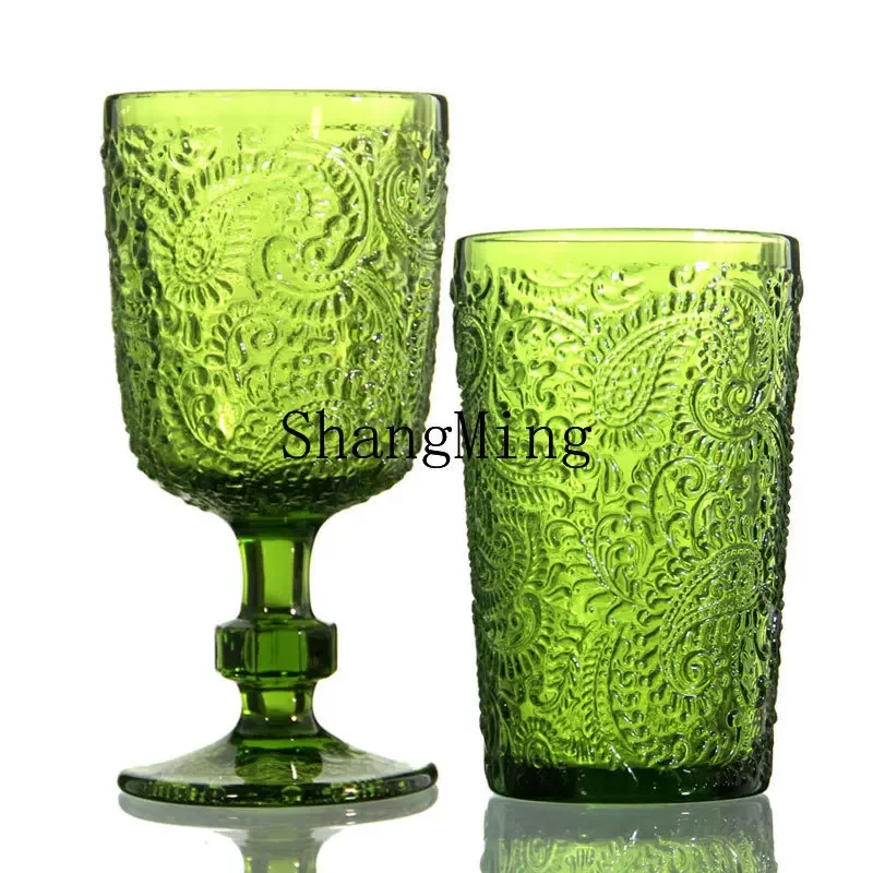 CL Vintage Wine Glass Pressed Thickened Green Material Glass Wave Chinese Design Style Creative Red Wine Glass