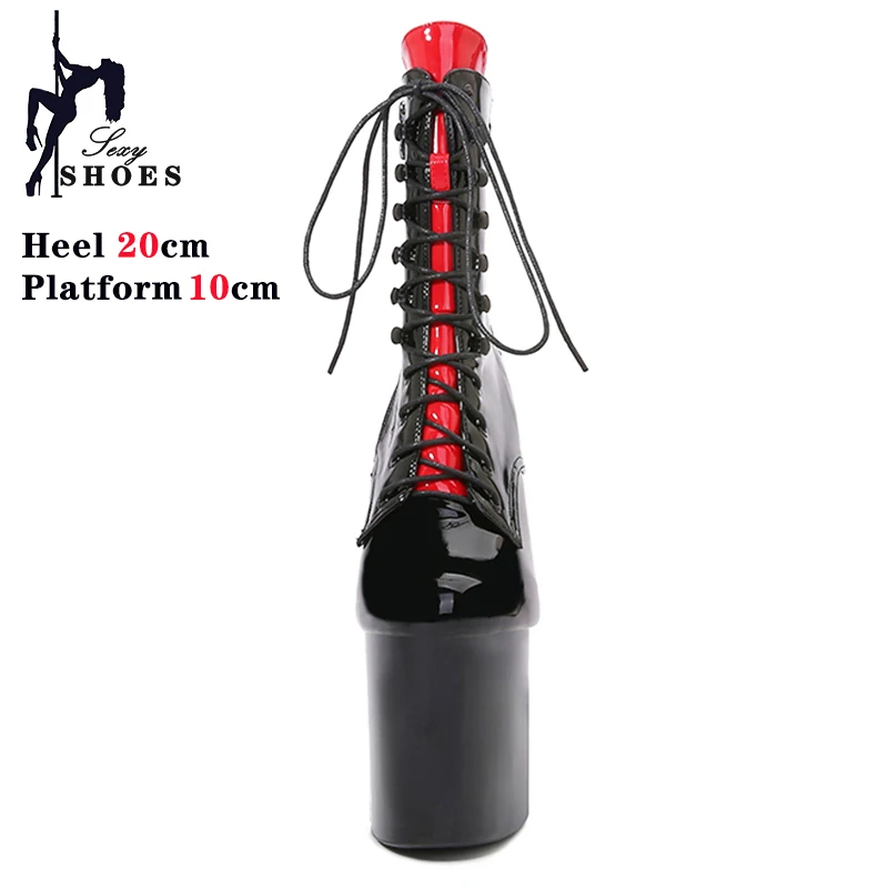 Women Ankle Boots 8 Inch High Heels  Fashion Gothic Fetish Queen Black Lacing Red Pole Dancing Boots New Autumn Winter Shoes