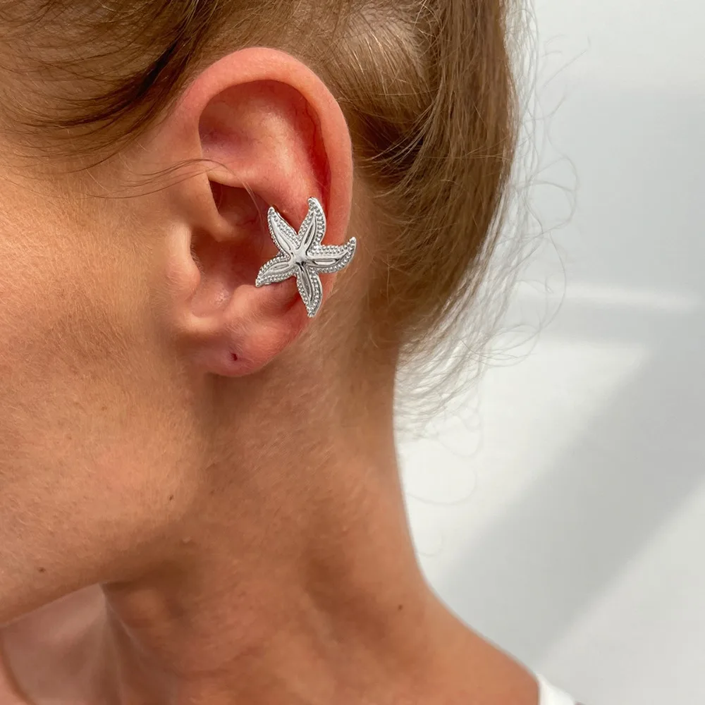 Trend Flower C Shape Ear Cuff Golded Metal Starfish Shell Ring Clip Minimalism Silver C-shaped Ear Clip Women
