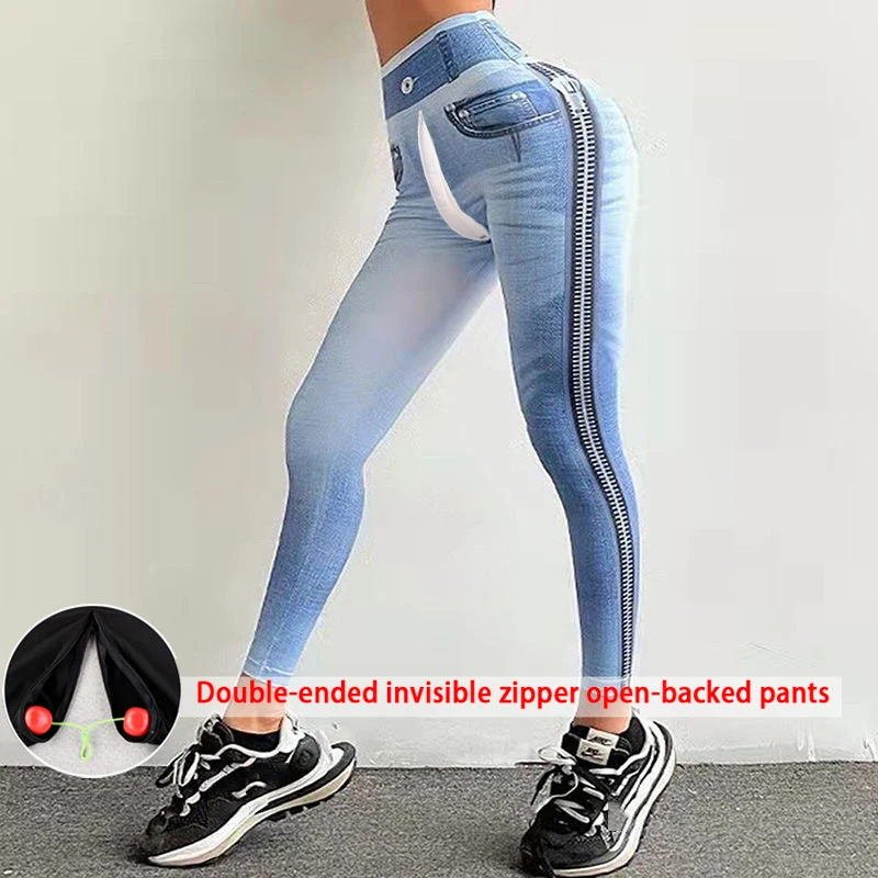 

Fashion Imitation Jeans Women Invisible Open Crotch Outdoor Convenient Pants Women High Waist Skinny Leggings Fitness Yoga Pants