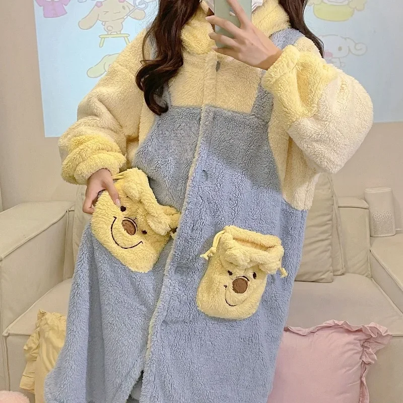 Disney Pooh Bear creative cute cartoon thickened velvet nightgown personalized kawaii anime movie character warm home clothing