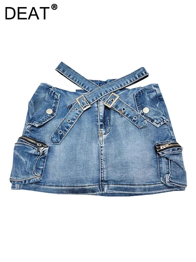 

DEAT Women's Denim Skirt Cross Belt Off Waist Slim Pockets A-line High Waist Stretch Cargo Mini Skirt 2024 Autumn New Fashion