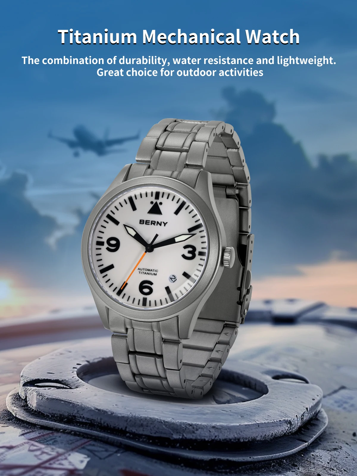 BERNY Orologio Meccanico da Uomo in Tanio di Alta Qualà, Vetro Zaffiro con Rivestimento AR, Super Luminoso, Impermeabile 10 Bar, Orologio Sportivo in Tanio per Aviazione 1511 BERNY Orologio Meccanico da Uomo in Tanio di Alta Qualà, Vetro Zaffiro con Rivestimento AR, Super Luminoso, Impermeabile 10 Bar, Orologio Sportivo in Tanio per Aviazione 1511