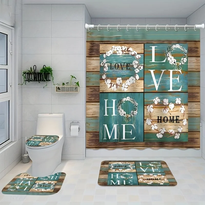 4PCs home decor waterproof shower curtain sets with 12 hooks toilet seat cover bathroom mat non-slip rug carpet polyester fa
