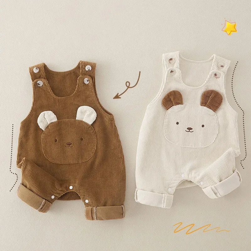 LILIGIRL New Baby Autumn Rompers Infant Girls Cartoon Bear Corduroy Onesie Toddler Thin Style Loose Overall  0-2T