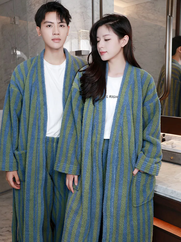 고급스러운 두꺼운 산호 플리스 커플 로브 롱 플란넬 모닝 가운 나이트웨어 홈웨어 편안한 청년용 폴리에스터 섬유 겨울용