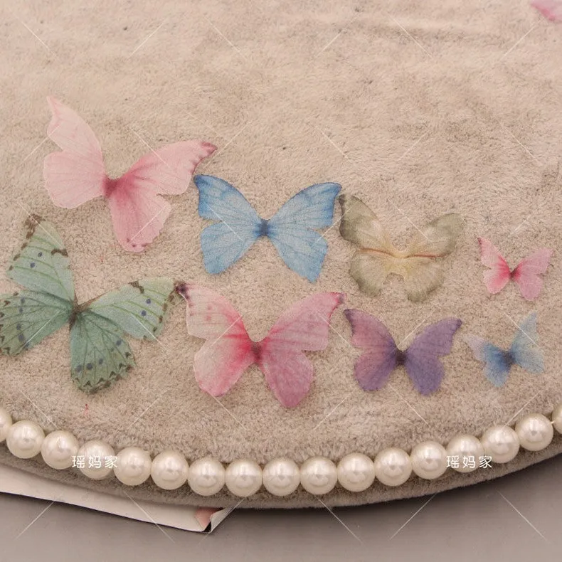 100 szt. Kolorowa niebieska różowa Organza eteryczny motyl do DIY bransoletka wykonana ręcznie kolczyk biżuteria do dekoracji akcesoria do odzieży