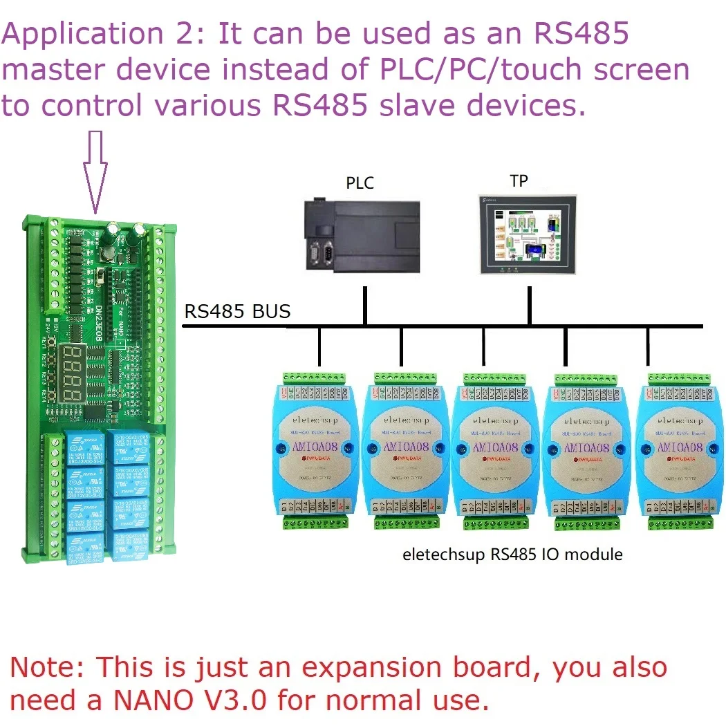 DN23E08 Relay Expansion Board 8AI-8DI-8DO for Arduino Nano V3.0 RS485 Modbus RTU PLC IO Module DC 12V/24V