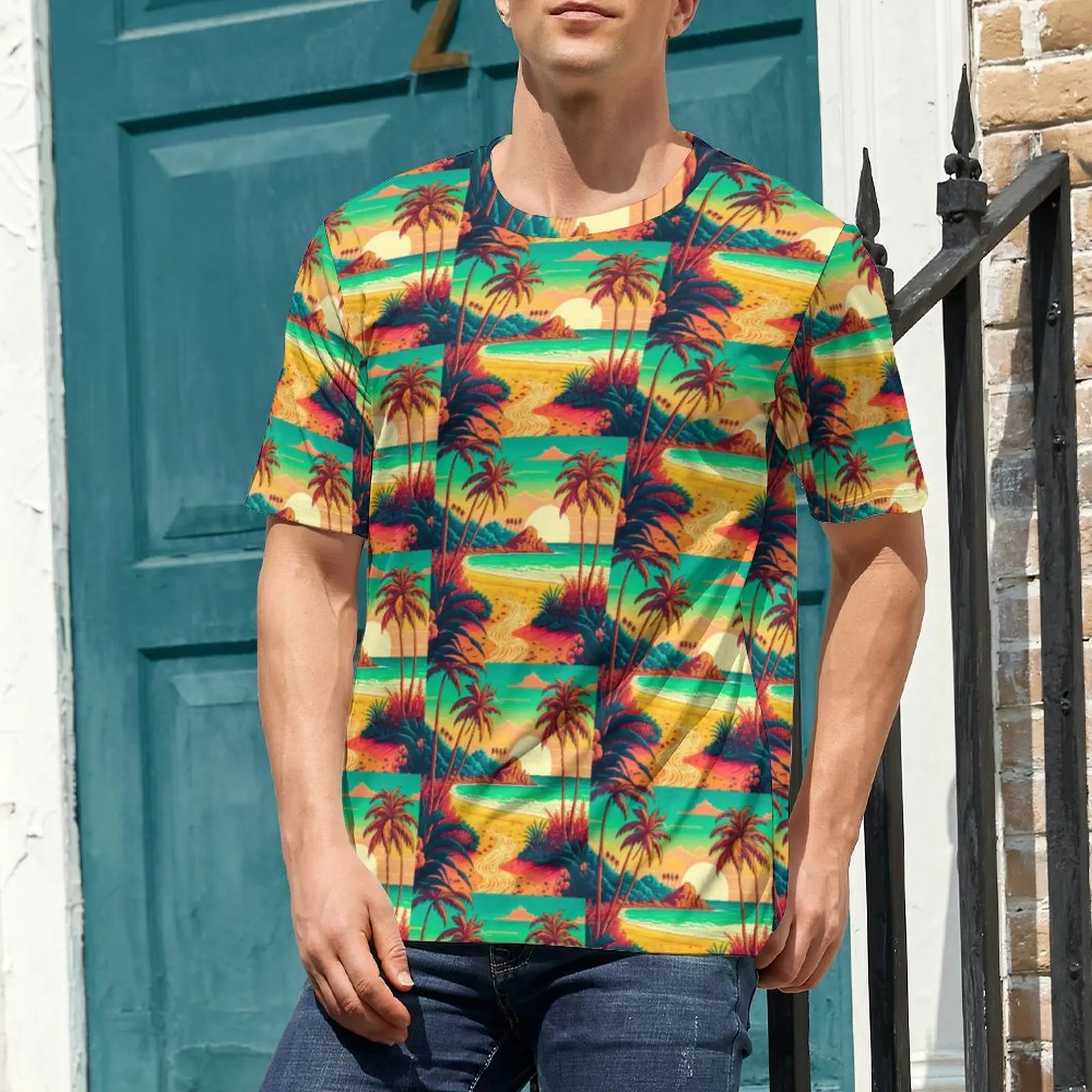 Summer T Shirt Colorful Tropical T Shirts Beach Landscape Casual Fashion Tee Shirt For Men Short-Sleeved Pattern Oversized Tops