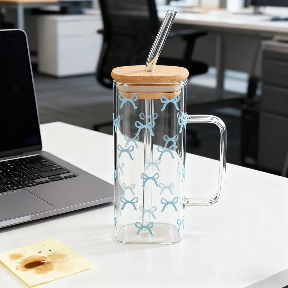 400 مللي ربطة القوس فيونكة كوب بقشة كوب زجاجي لطيف بهلوان ميسون جرة على شكل زجاجة ماء مع الأغطية مقبض ل كوب شرب عصير القهوة المثلجة