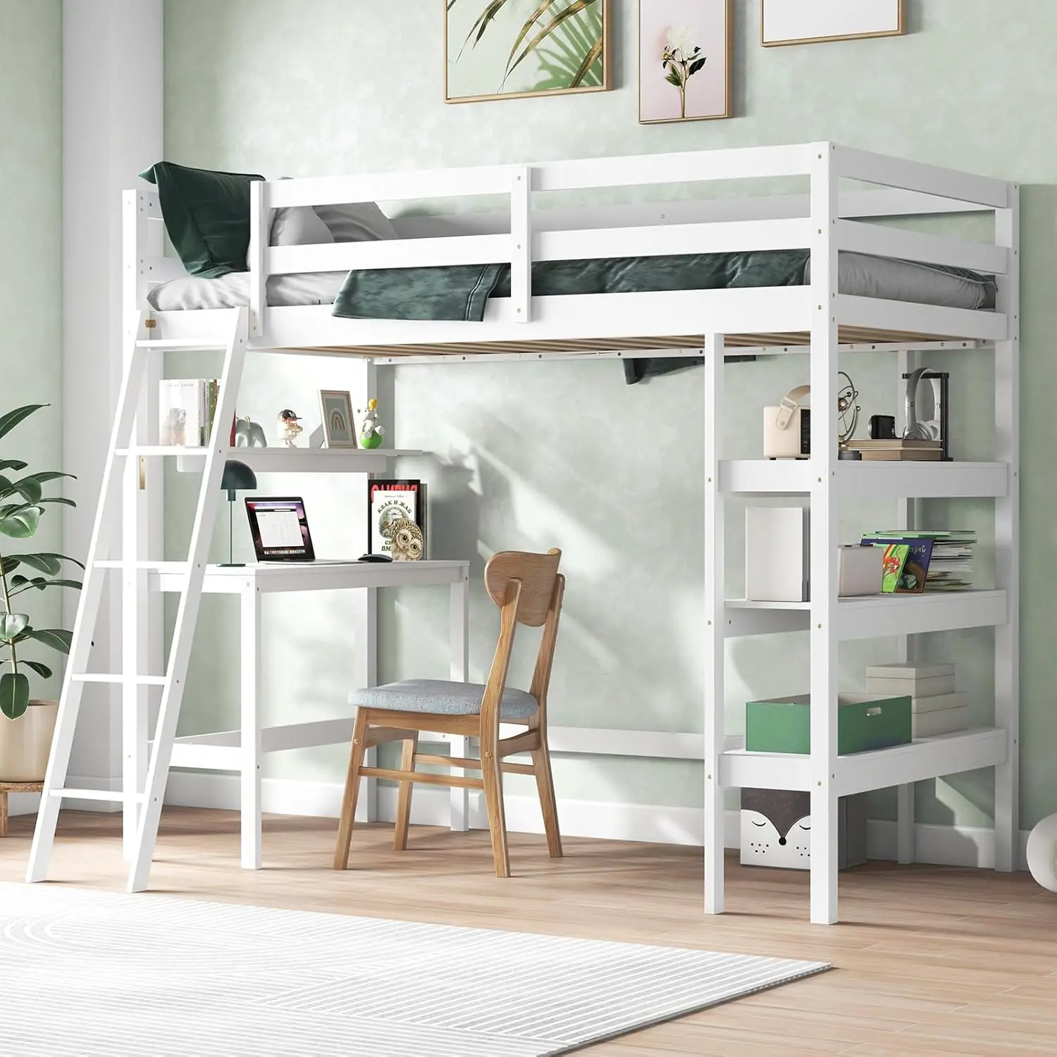 Kotek Twin Loft Bed With Desk & Storage Shelves, Solid Wood Loft Bed Frame With Bookcase, Ladder, Guardrails, Twin Size Loft