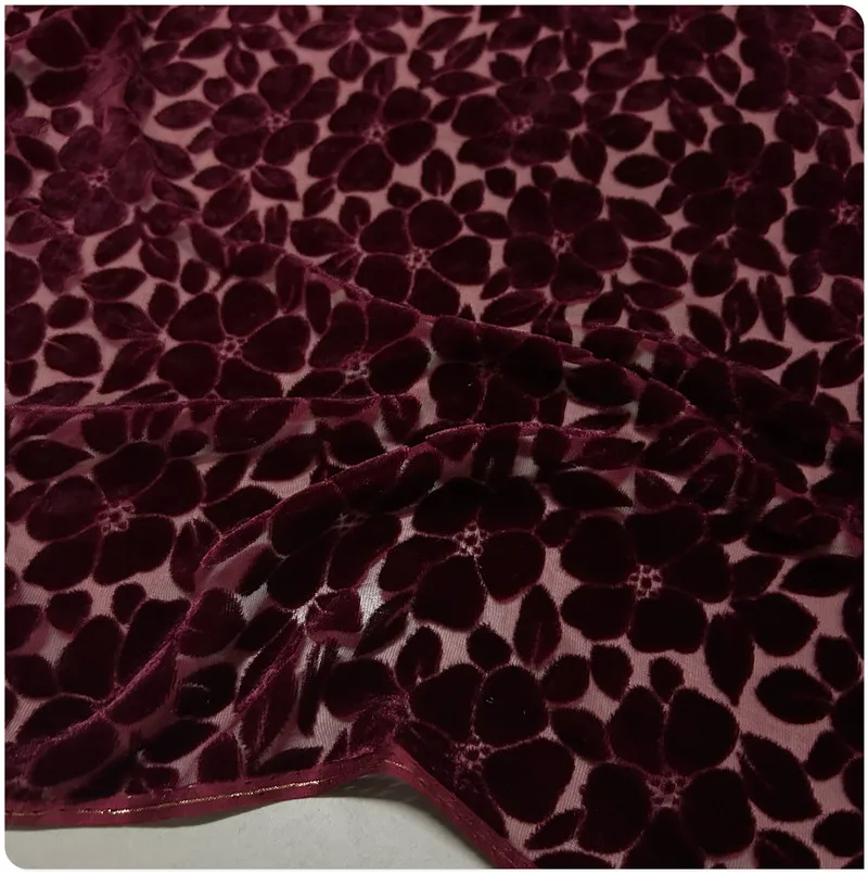 Hollow Wine Red Silk Velvet Mulberry Silk Bottom Cotton Flannel Dress Cheongsam Shirt Short Sleeve Shawl Clothing Fabric