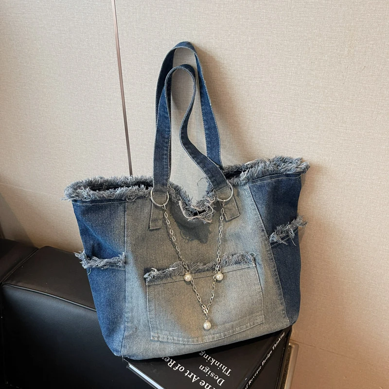 

Casual Bag Women Designe Jeans Bag Fashion Tassel Canvas Shoulder Bag 2025 New Chain Handbag Large Capacity Travel Tote Bag
