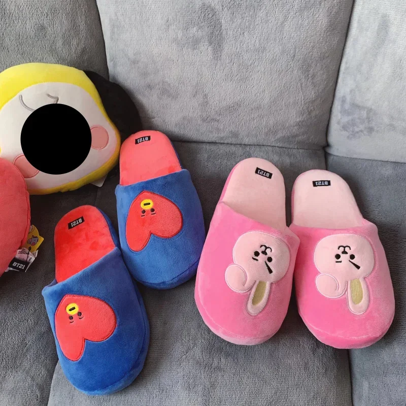 

BT21 Cute Cartoon Warm Slippers Korean Star Kawaii Floor Plush Slippers Indoor Home Casual Women Girl Flop Flat Non-slip RJ Soft