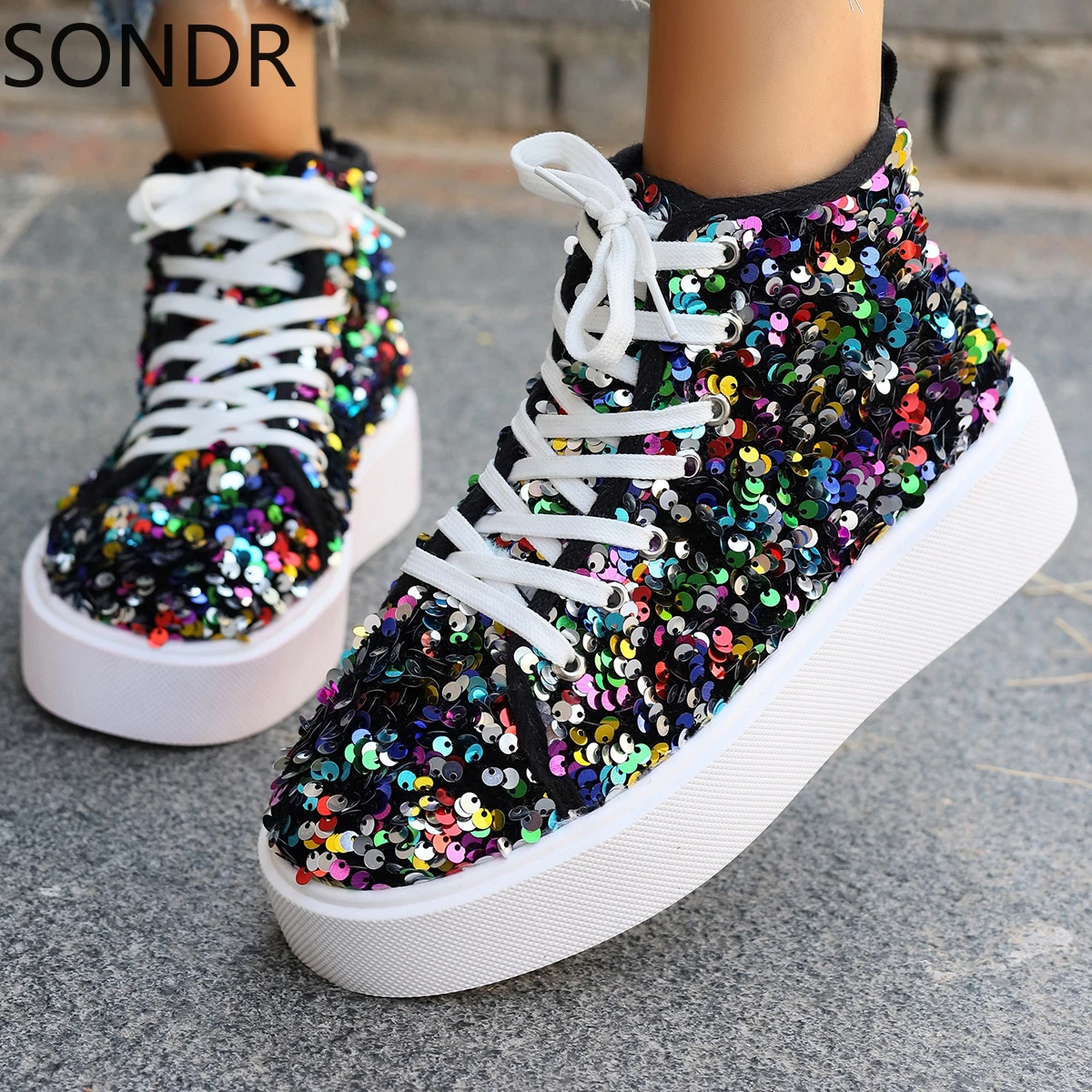 Womens Sequins Rainbow Colors Bling Ankle Boots Flats Lace Up Round Toe Retro Casual Shoes 2Styles  New 2024