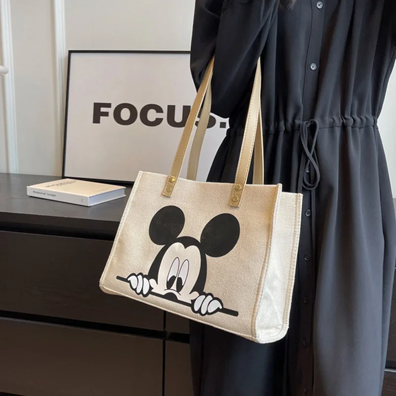 Disney Mickey Minnie Printed Thickening Canvas Bag For Women Cartoon Mommy Handheld Bag Student Shoulder Shopping Tote Bags