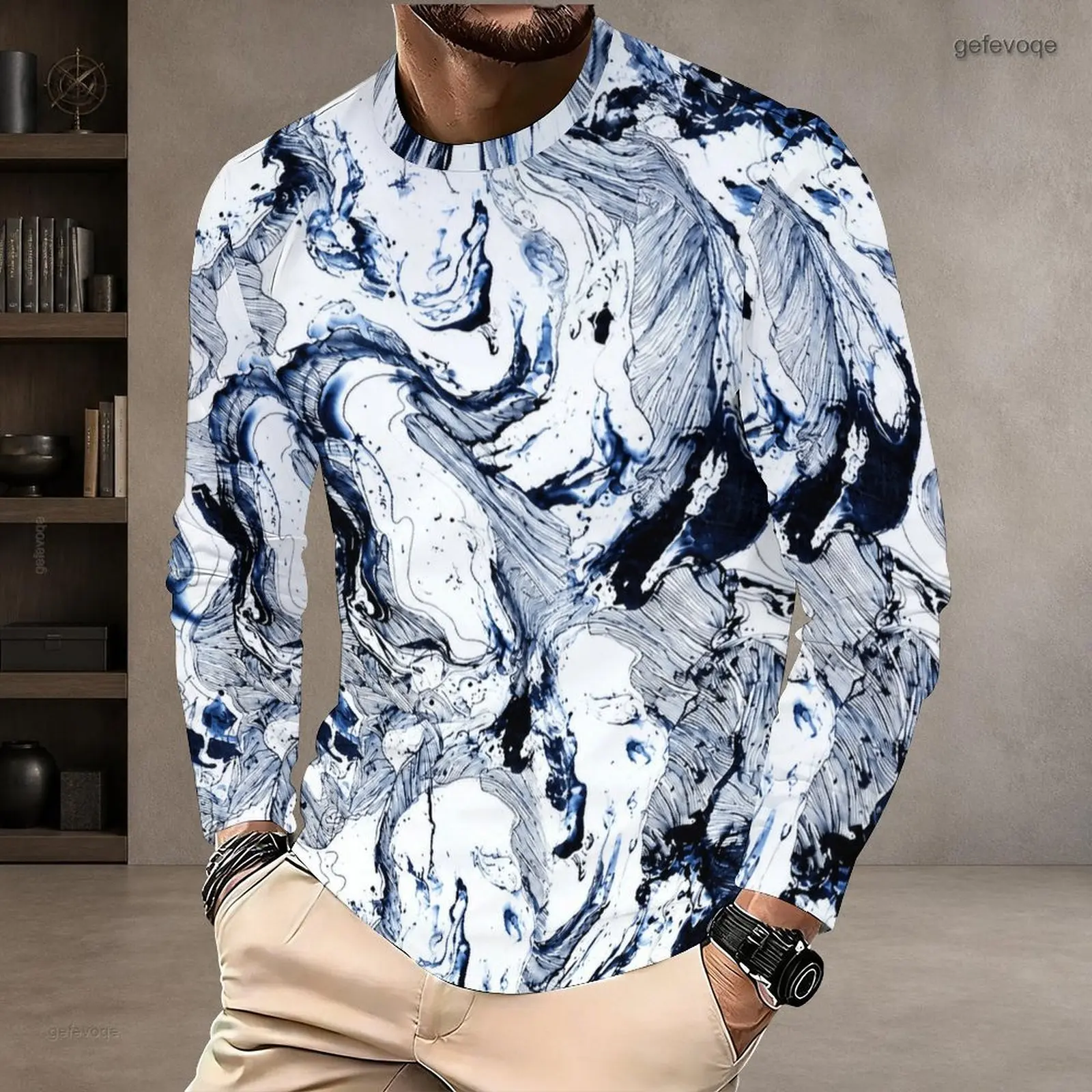 Men Round Neck Long Sleeve T-Shirt, Blue Purple Iridescent Swirl Fluid Printed Pullover Top