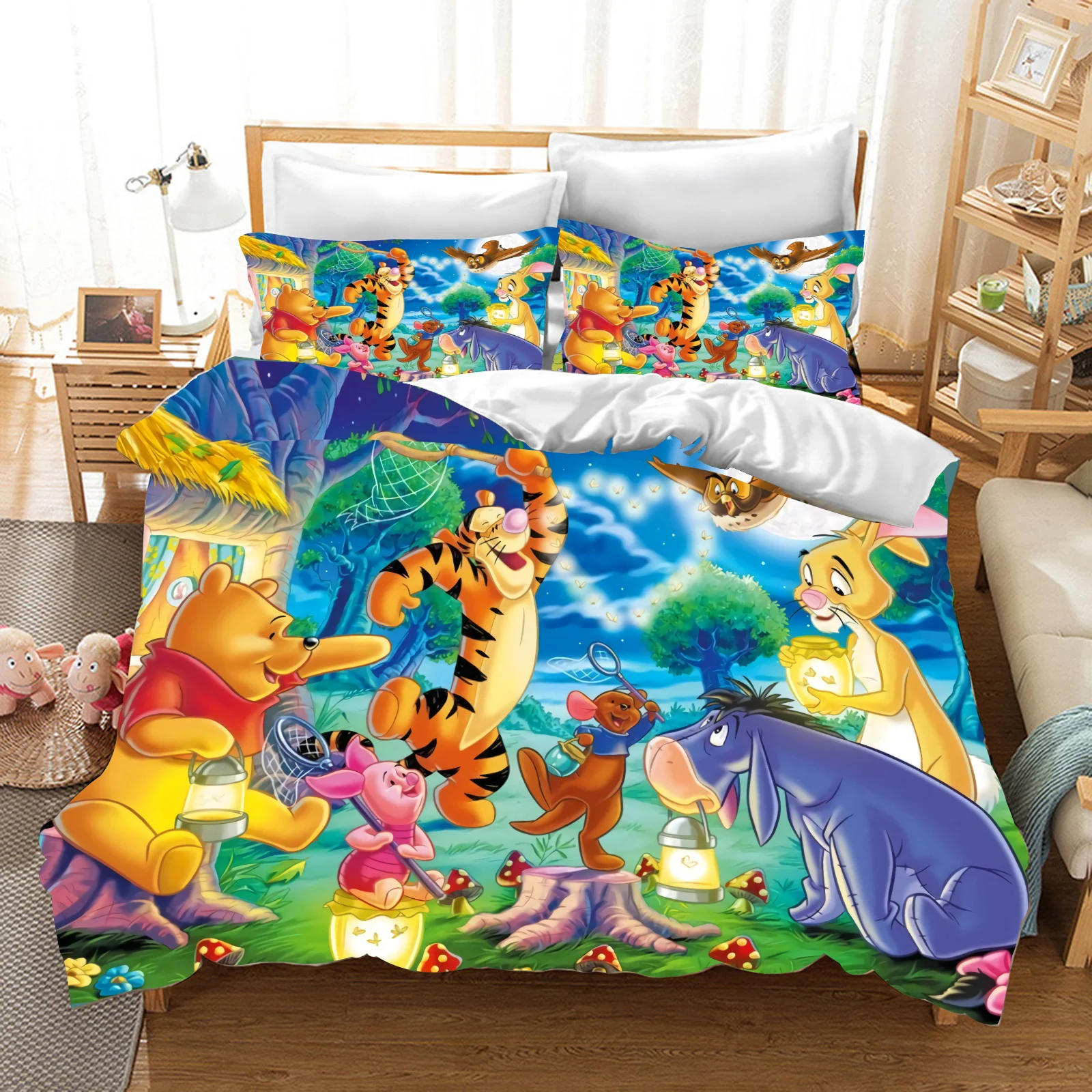 

Winnie The Pooh Cute Cartoon Animation Shiny Duvet Cover Set Adults and Children Bedding Bedroom Special Quilt Cover 3D Printing