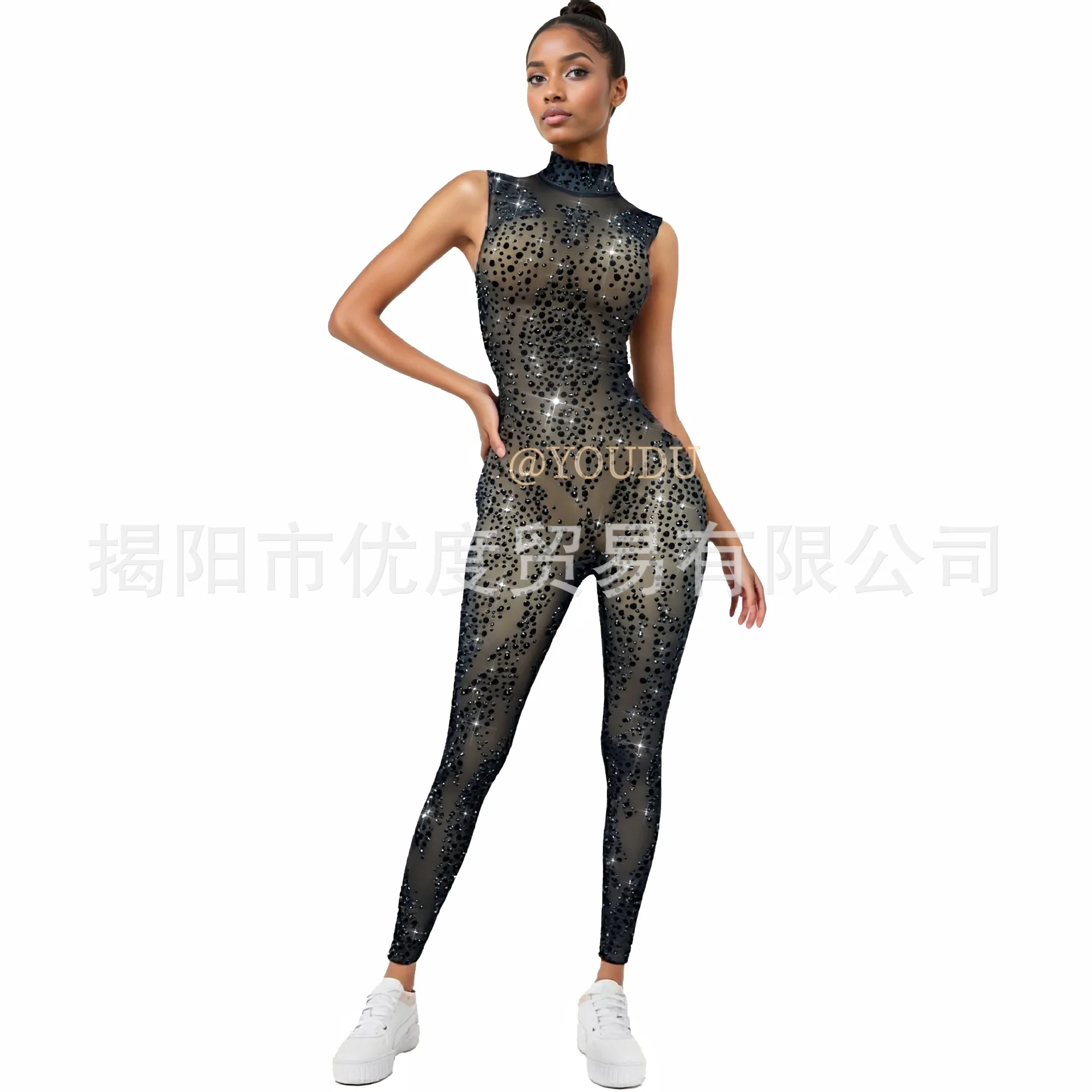 

DJ Reception Sexy Skinny Shiny Rhinestone Perspective Mesh Birthday Dress Party Night Jumpsuit All Black Robe De Cérémonie Femme