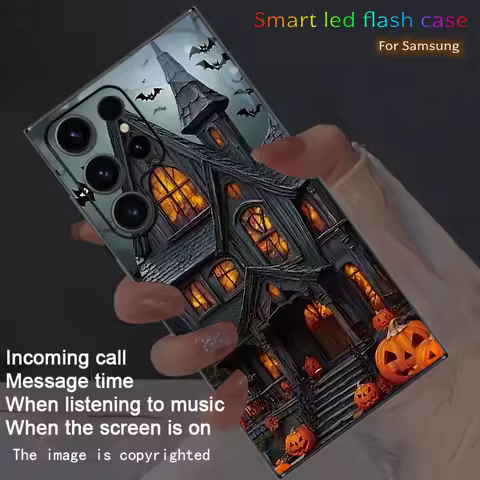 Halloween Themed Castle Luminous Phone Cases For Samsung S21 S22 S23 S24 S25 FE Plus Ultra A35 A54 A55 Skull Skeleton LED Cover