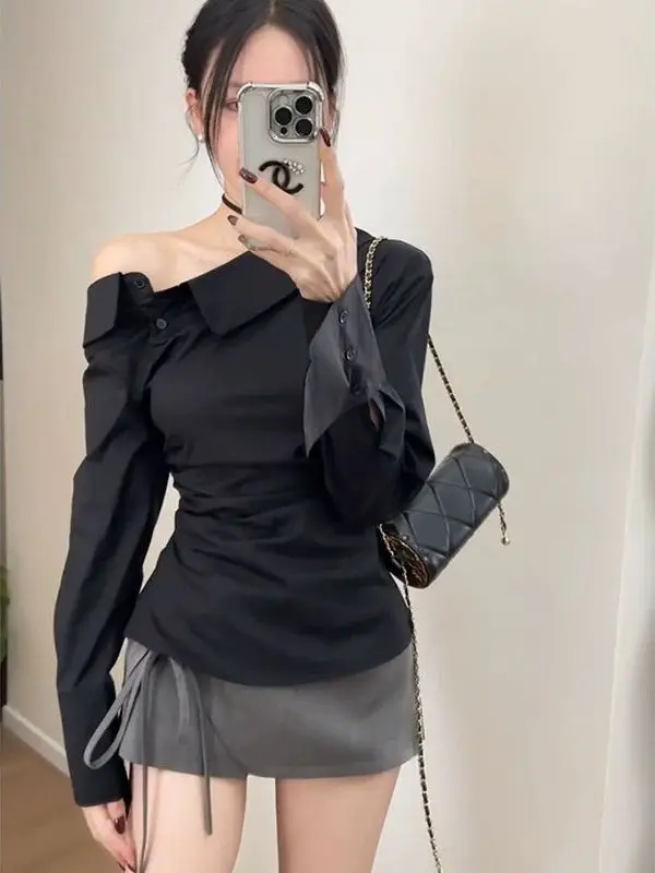 

Женская модная блузка Slim Fit с длинным рукавом, асимметричным вырезом на плече, в корейском стиле, весенняя новинка, с эффектом утяжки на талии