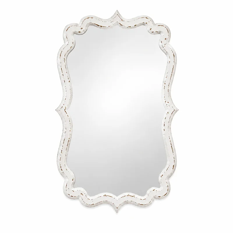Vintage French White Wall Mirror Distressed Ornate Scalloped MDF Frame Decorative Mirror for Bathroom Entryway Vanity Decor Home