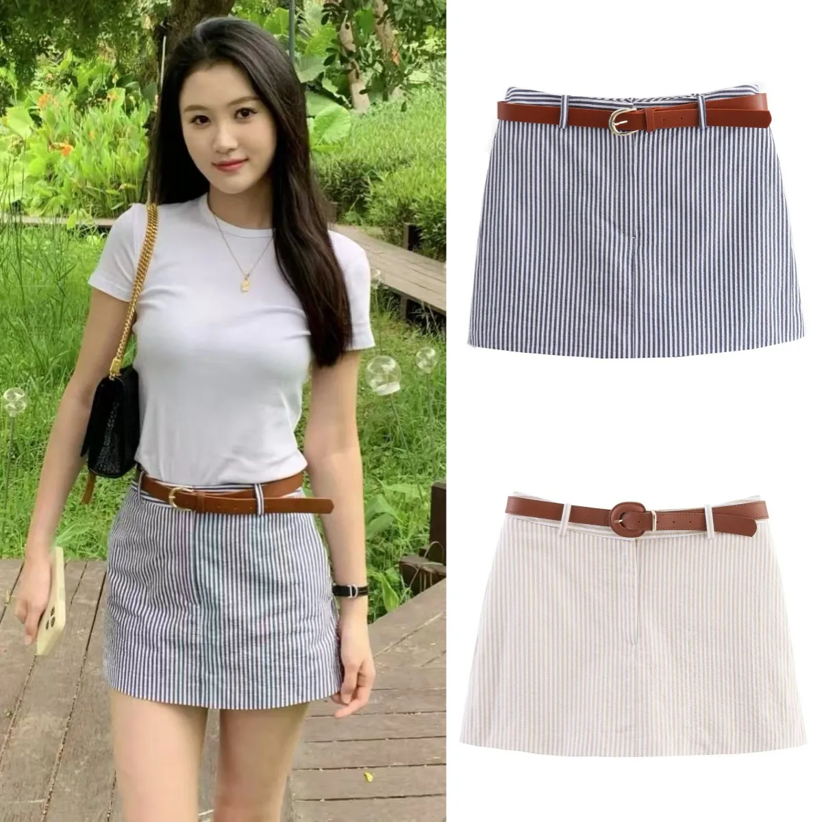 LIBIELIY New Product Women's Casual Holiday Style Striped Belt Light Mature Wind Comfortable Casual Short Skirt Pants