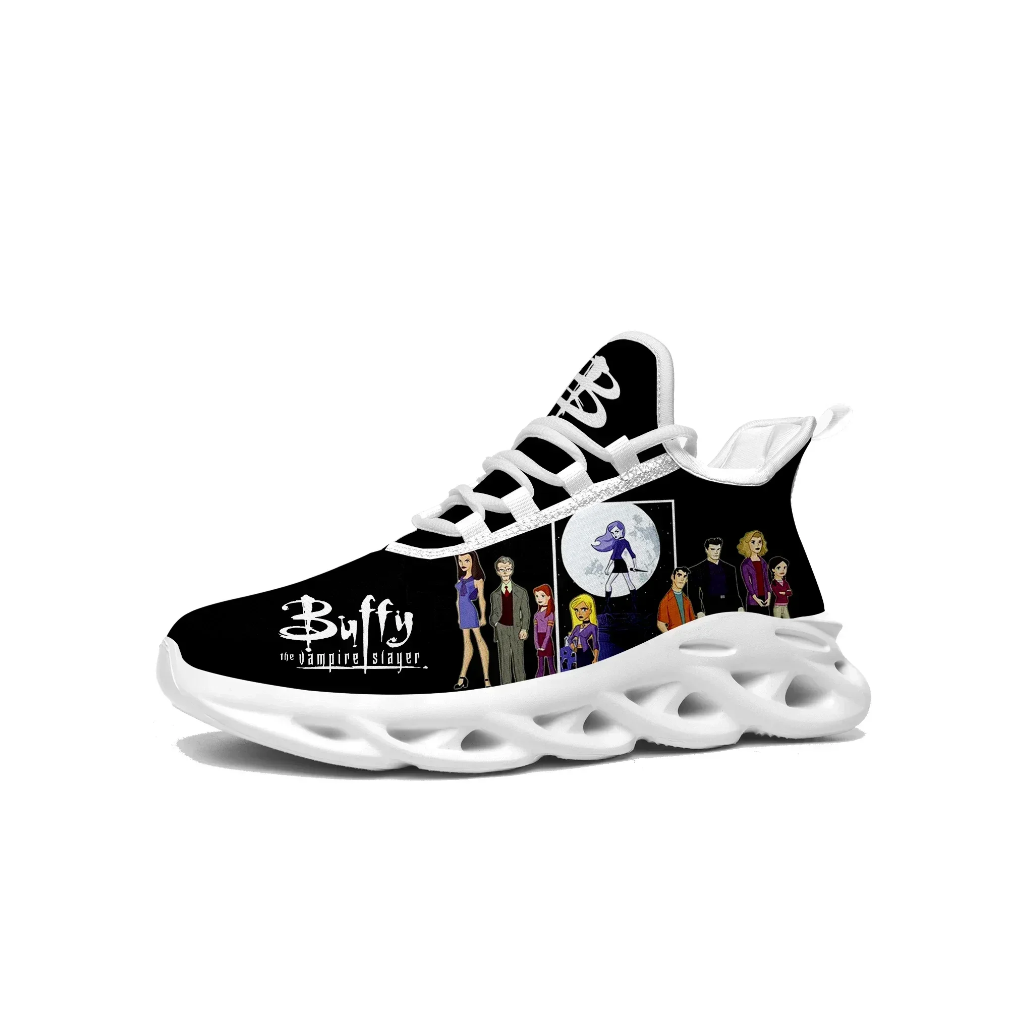 

Кроссовки на плоской подошве с рисунком «Баффи — истребительница вампиров» для мужчин и женщин, спортивная обувь для бега, высококачественная сетчатая обувь на шнуровке по индивидуальному заказу