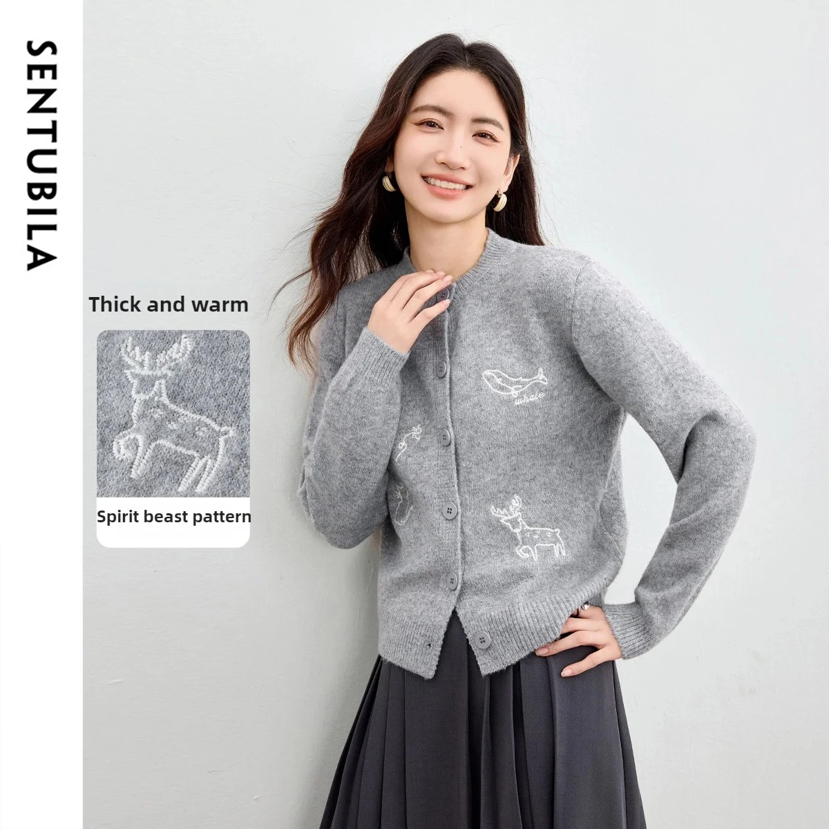 

SENTUBILA Women's Knitted Cardigan 2025 Autumn O- Neck Single-Breasted Embroidered Sweater Thick Warm Office Lady Top W54EB3810