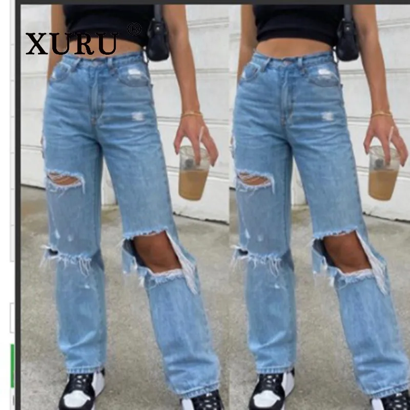 XURU - New Women's Perforated Jeans, Y2k Clothes High Waist Wide Leg Blue Long Jeans Men's Pants