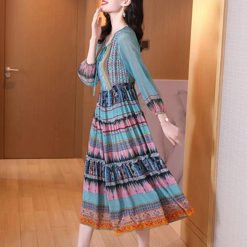 

2025 Spring Summer New Fashion Printed Ruffles Lace Up Bow Vintage Dress Women's Clothing Oversized Loose Long Dress Female 4XL