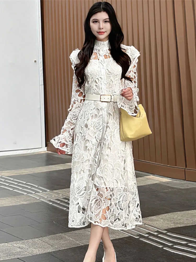 French Temperament Court style Water-soluble Lace White Dresses Women's Embroidery Splicing Belts Shirt Dress for Women