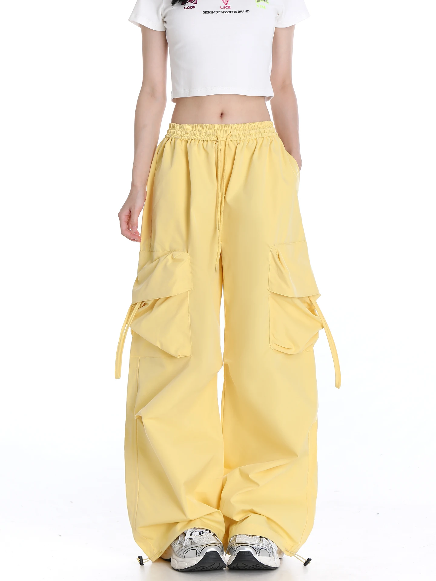 American Retro Sweet Hot Girl Cargo Trousers Baggy Pants Elastic High Waist Straight Wide Leg Casual Long Pants Women Summer