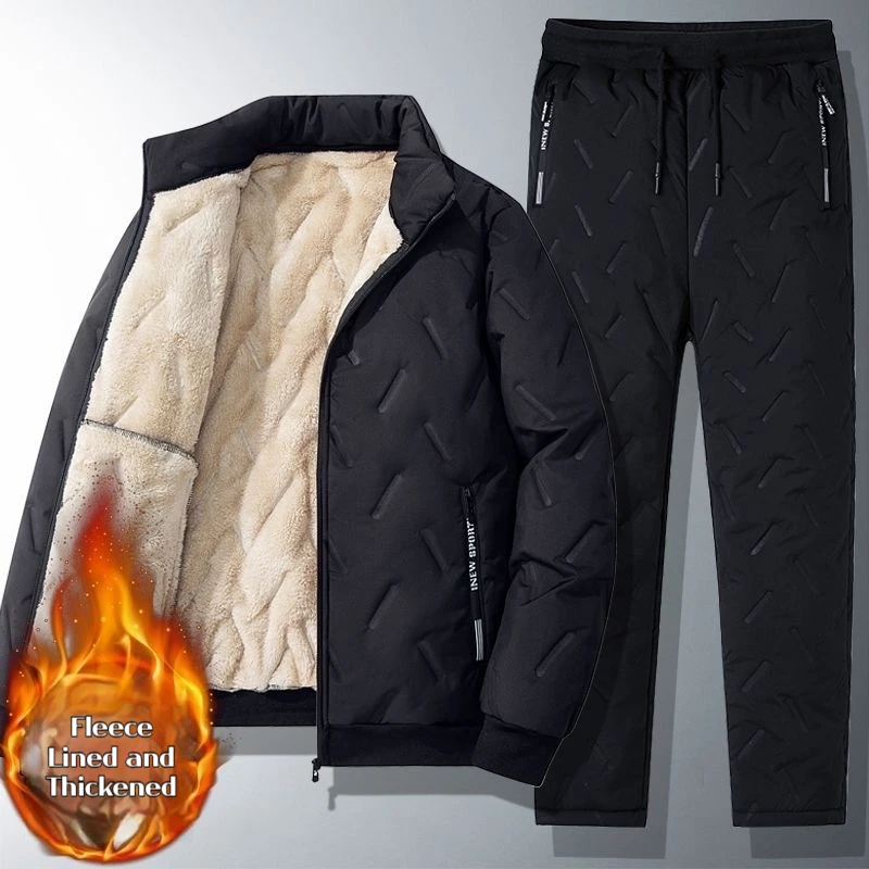 Nieuw winter thermisch gewatteerd pak voor heren Vaderjas met fleecevoering Verdikte katoenen jas en broek Set voor ouderen Papa Plus