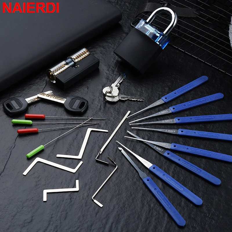 NAIERDI Multi-Functional Locksmith Tool Set Transparent Practice Padlock Key Extractor Lock Maintenance Training Padlock Kit