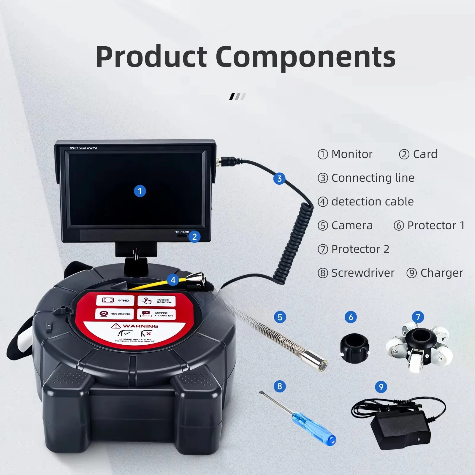 Factory Best-SellerSewer inspection  9 inch touch screen 16gb DVR video pipe  512HZ detector + self-leveling with positioner