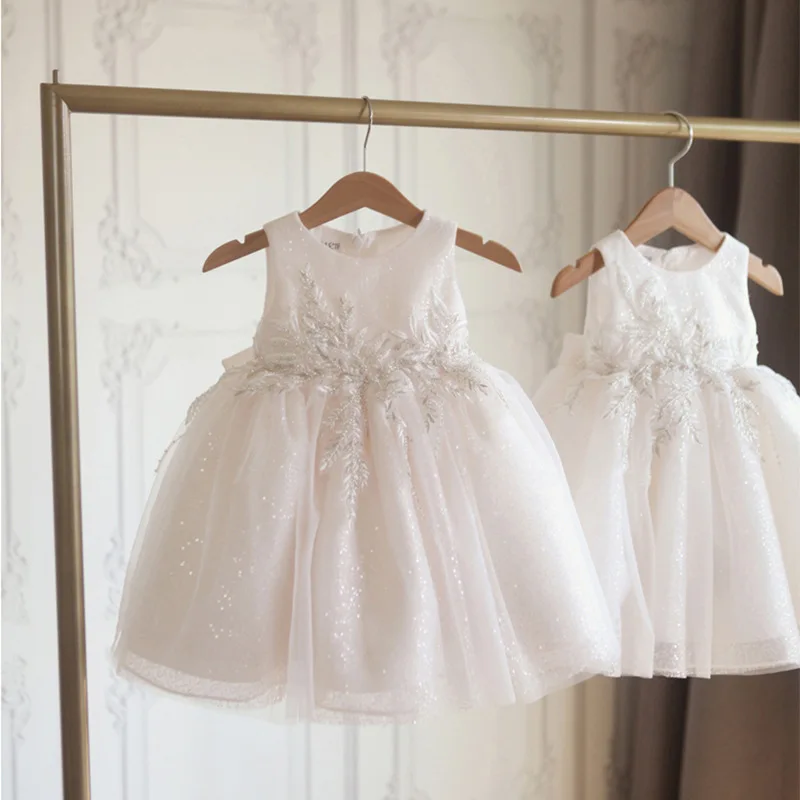 Korean Style Sweet Elegant Party Baby Dress Lace White Embroidery Sleeveless Mesh High Waist Infant Dresses Vestidos