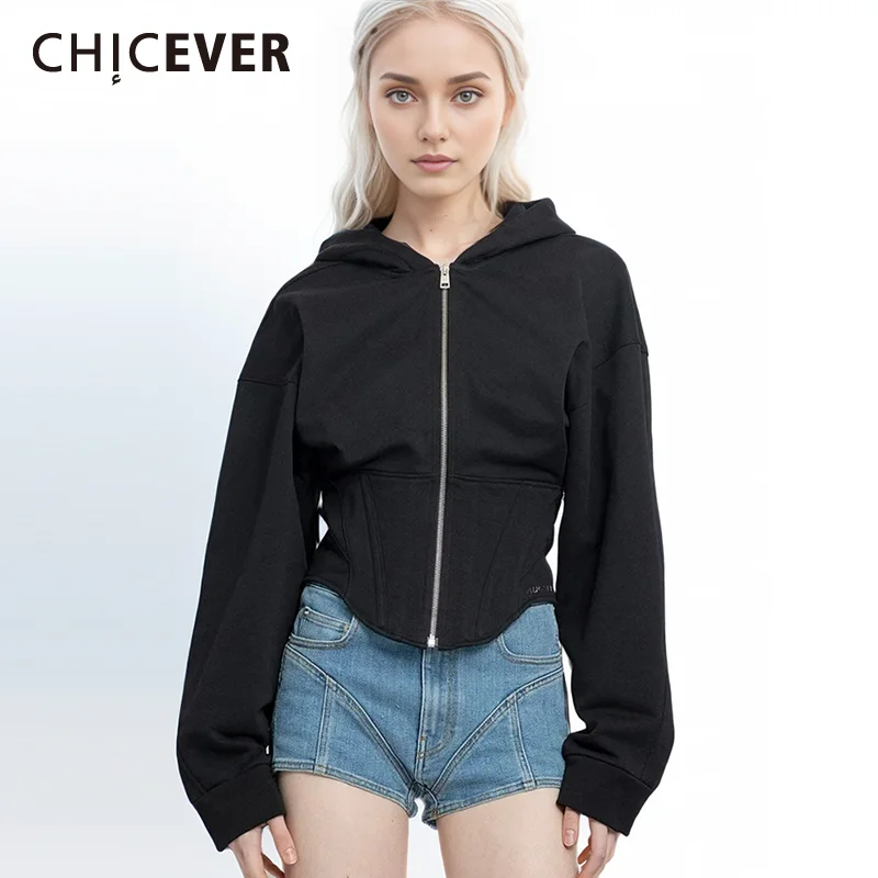 

CHICEVER Solid Spliced Zipper Coats For Women Hooded Long Sleeve Patchwork Drawstring Irregular Hem Casual Slimming Coat Female