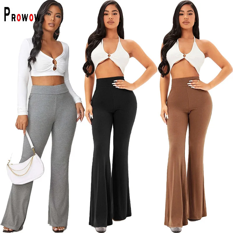 Prowow Sexy Women Flare Pants Solid Color Skinny Fashion Female Trousers Elastic Waist High Strecth Bottoms Party Wear