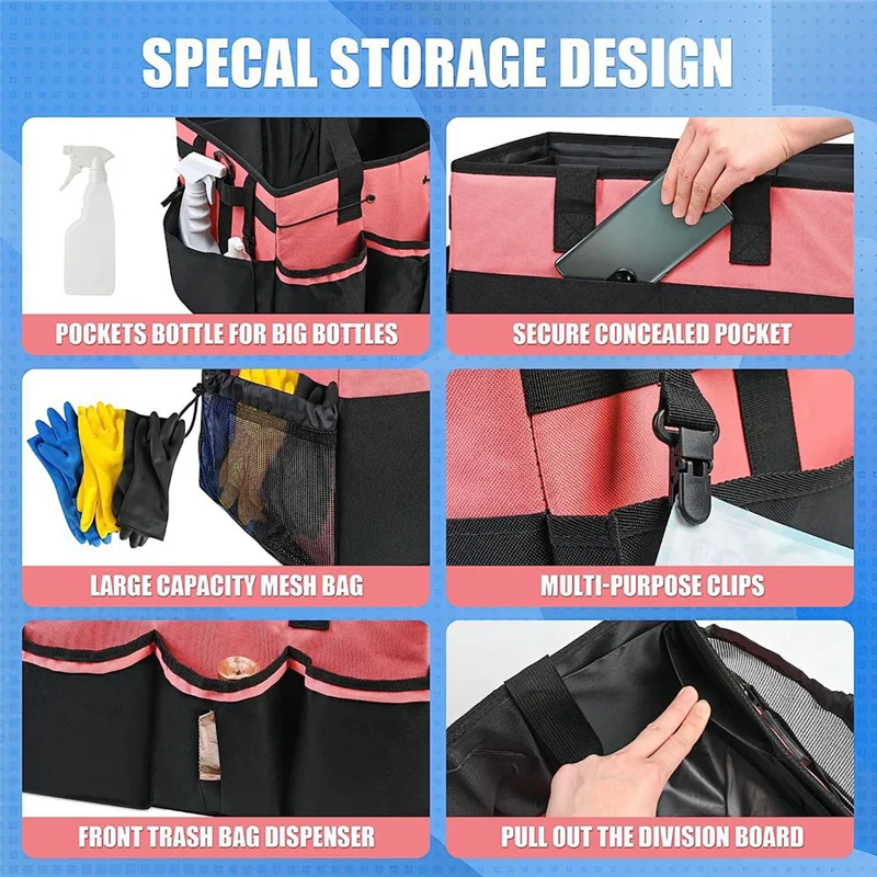 

【NEW】Wearable Cleaning Storage Bag Black-Red Polyester Cleaning Tool Organizer Waterproof Bag With 4 Foldable Dividers