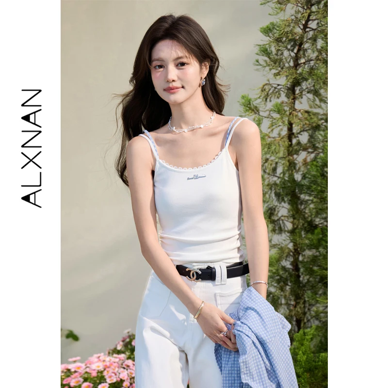 

ALXNAN Women's White Camisole Fashion Versatile Letter Embroidery Inner Wear 2026 Spring Cotton Sleeveless Tops Ladies L61618