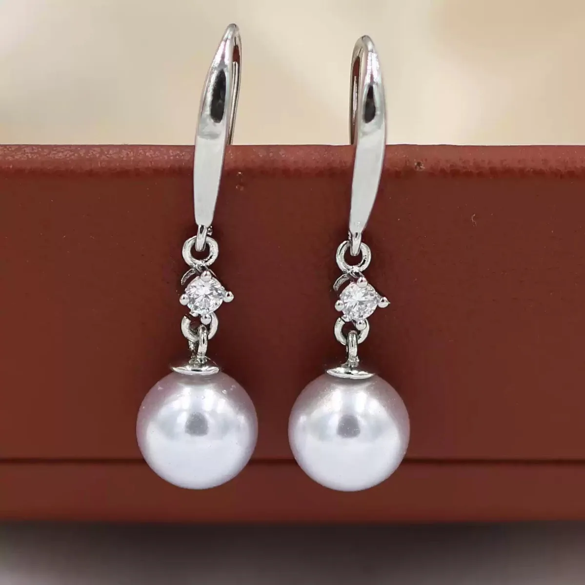 Brass Real Gold Plated Long Zircon Pearl Dangle Earring Blank Setting, Trendy DIY Earring Findings Fit 7-14mm Pearls